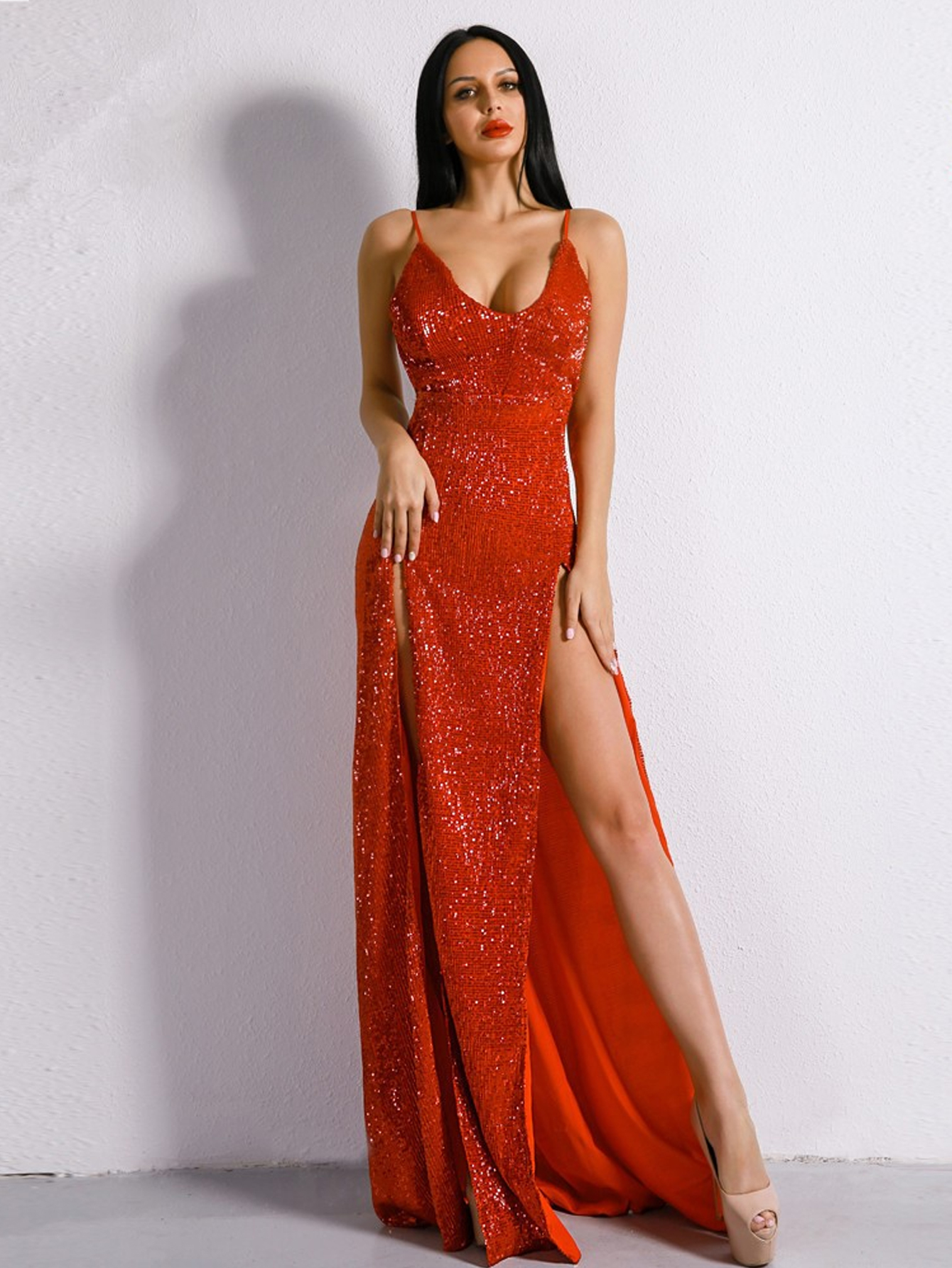 Crimson Red Backless V- Neck Strap Sequin Evening Gowns