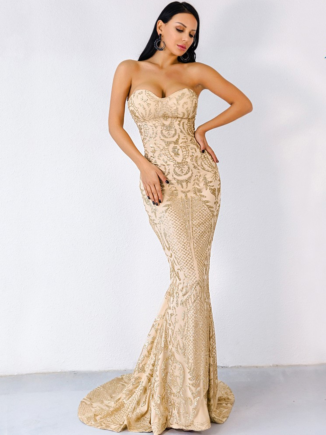 Golden Sexy Elegant Strapless Sequin Glitter Sweetheart Embroidery mermaid Evening Dress