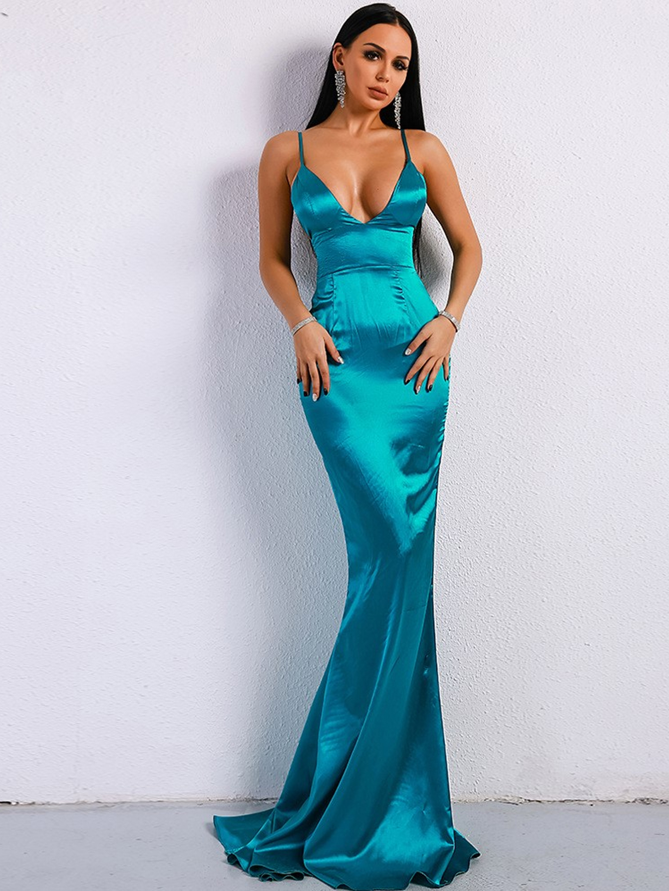 Sea Green V neck Back Less Mermaid Evening Gown