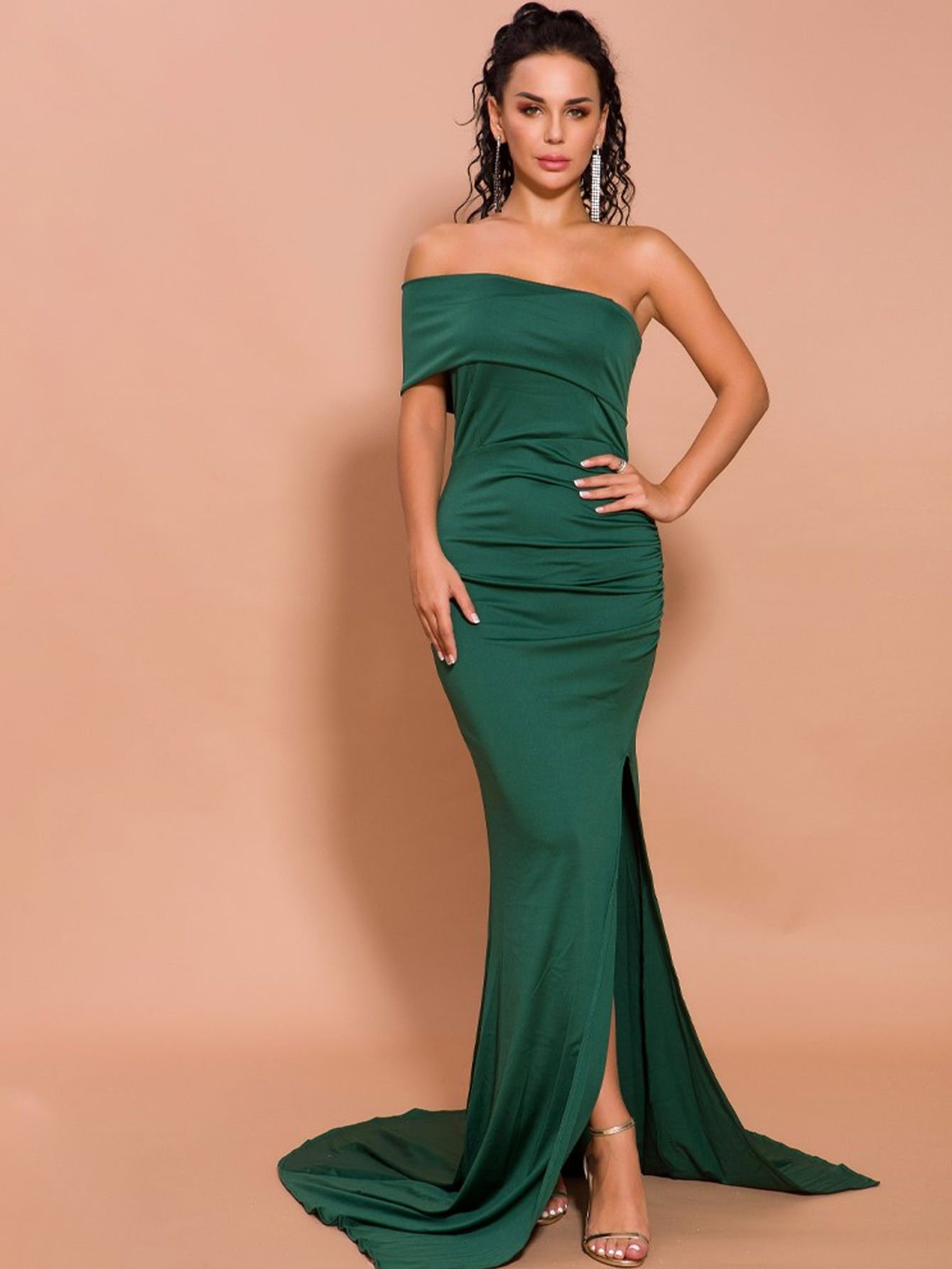 Emerald Green one shoulder mermaid prom Evening Dress