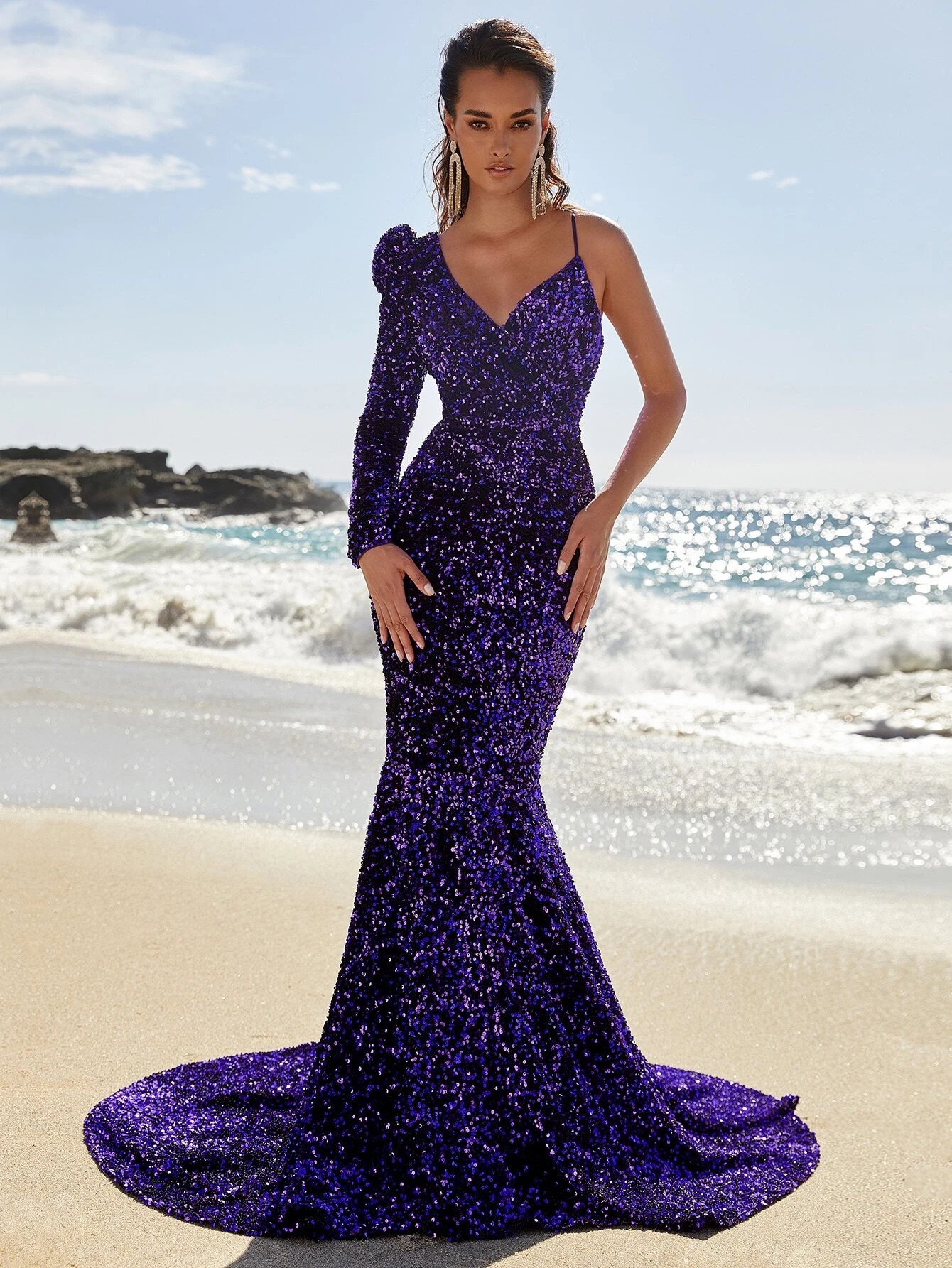 Sequin Prom Gown with Asymmetrical Neckline